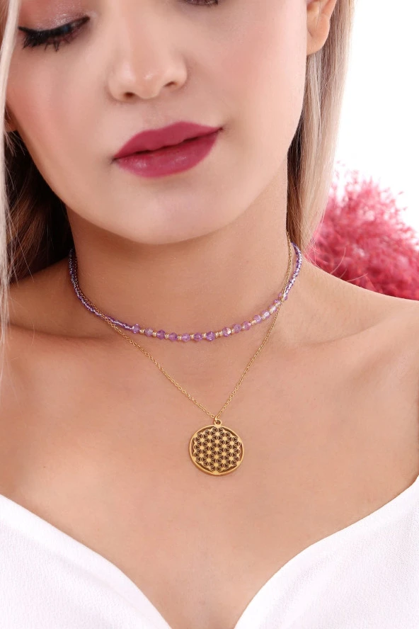 Kadın  Altın Kaplama Yaşam Çiçeği Çelik Kolye & Kristal Dorikalı Kum Boncuk Kolye Seti - Resim 3