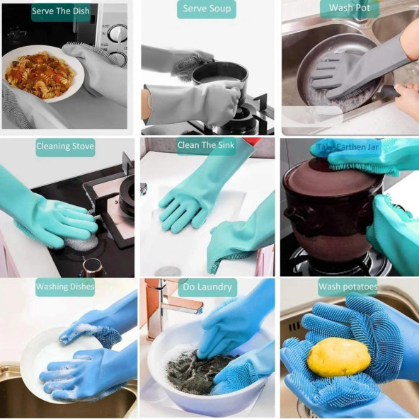 Sihirli Isıya Dayanıklı Silikon Çok Amaçlı Bulaşık Eldiven Fırçası Magic Gloves - 2