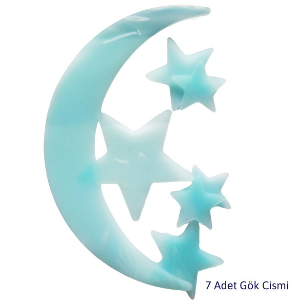 Gece Aydınlanmayan Su Yeşili Renkli  Aydede ve Yıldızlar, Tavan Süsü 10 Parça Set - 2