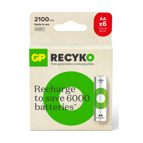 GP Recyko 2100 mAh AA Kalem Ni-mh Şarjlı Pil, 1.2 Volt, 6'lı Kart