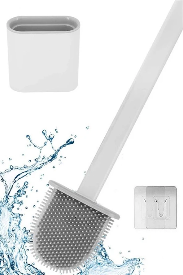 Duvara Monte Edilebilir Kapaklı Askılı Klozet Yumuşak Silikon Başlıklı Tuvalet Fırçası Seti (4401)