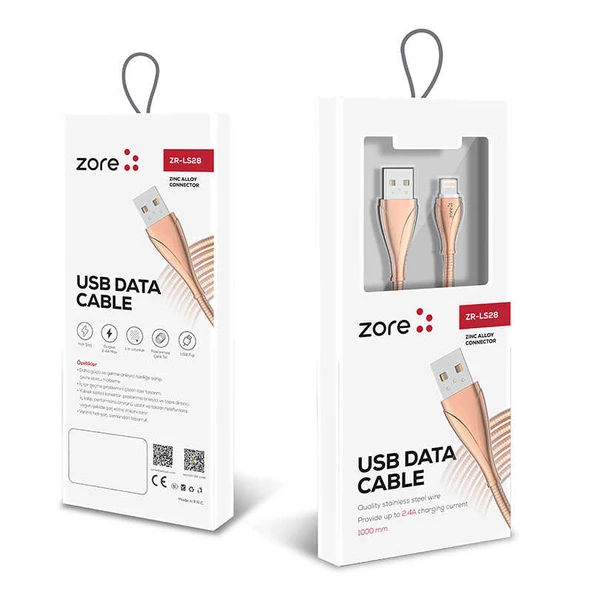 Zore LS28 Lightning Hızlı Şarj 1 Metre Paslanmaz Çelik Tel Usb Data Kablo