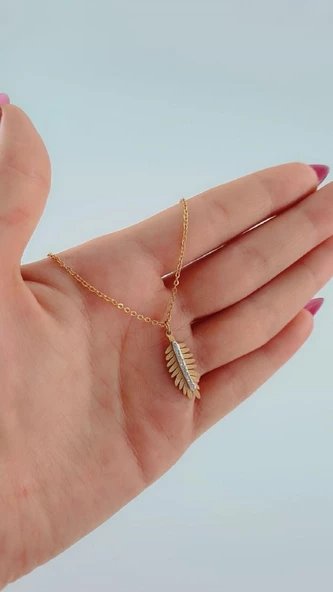 Kadın Gold Renk Yaprak Çelik Kolye - Resim 3