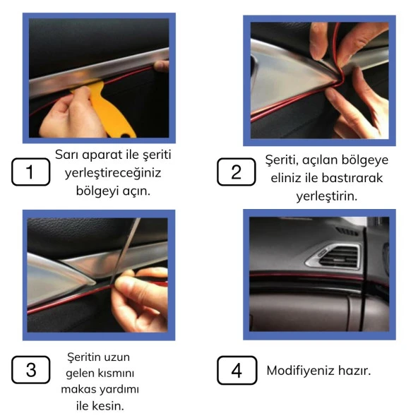 Mavi Araba Oto Trim Dekorasyon Şeridi Kauçuk Elastik Kolay Kurulum 5 metre Şerit Bant (4401)