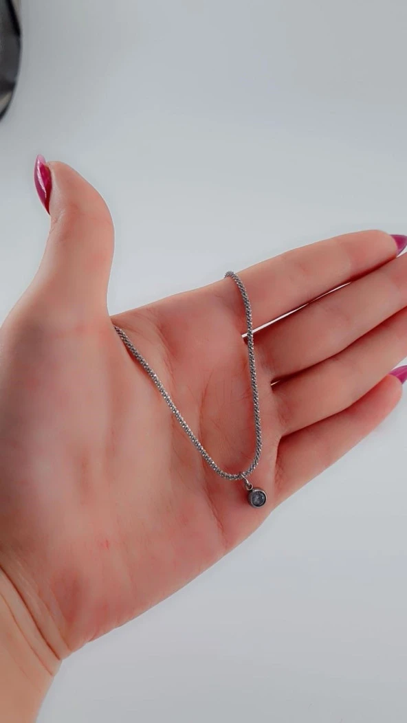Kadın Göz Taşlı Zincir Kolye Çelik Gümüş Renk - Resim 2