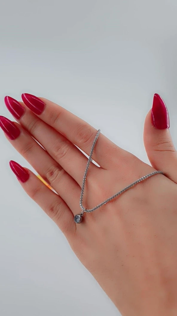 Kadın Göz Taşlı Zincir Kolye Çelik Gümüş Renk - Resim 3