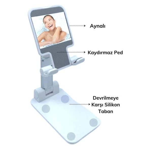 Beyaz Aynalı Cep Telefonu Sabitleyici Stand Katlanabilir Ayarlanabilir Telefon Standı (4401)