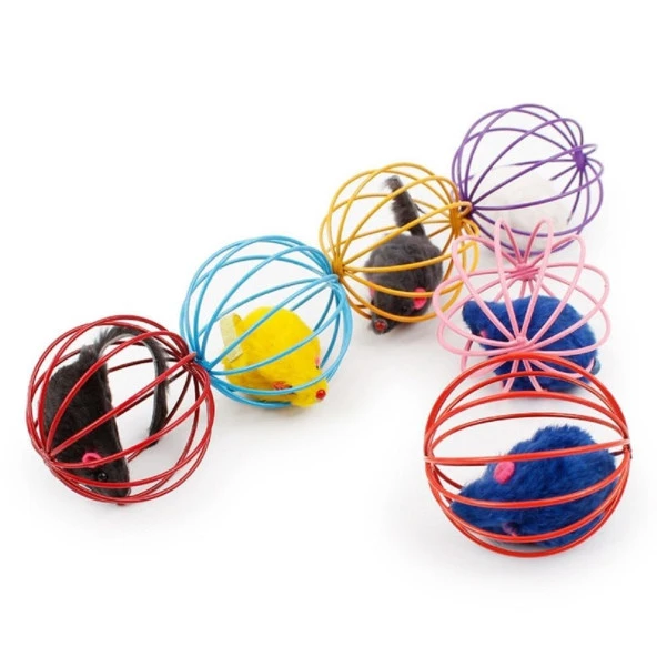 Renkli Metal Kafesli Peluş Fareli Kedi Köpek Oyuncağı Oyun Topu 6 cm (4401) - 2