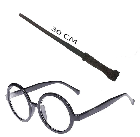 Harry Potter Asası 30 cm ve Siyah Çerçeveli Harry Potter Gözlüğü Seti (4401)