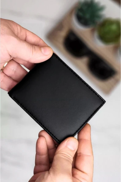 Vegan Deri Cüzdan 10 Kart Bölmeli Klasik Şık Vegan Deri İnce Kelebek Model Siyah