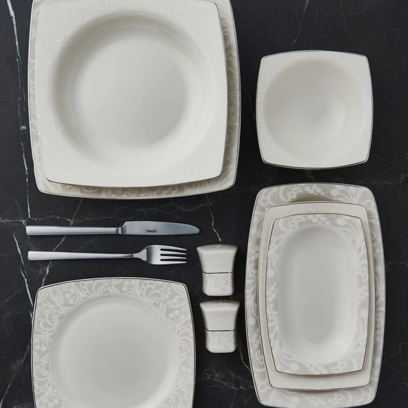 GÜRAL PORSELEN Caroline 54 Parça 12 Kişilik Kare Bone Yemek Takımı - 6327 - Resim 2