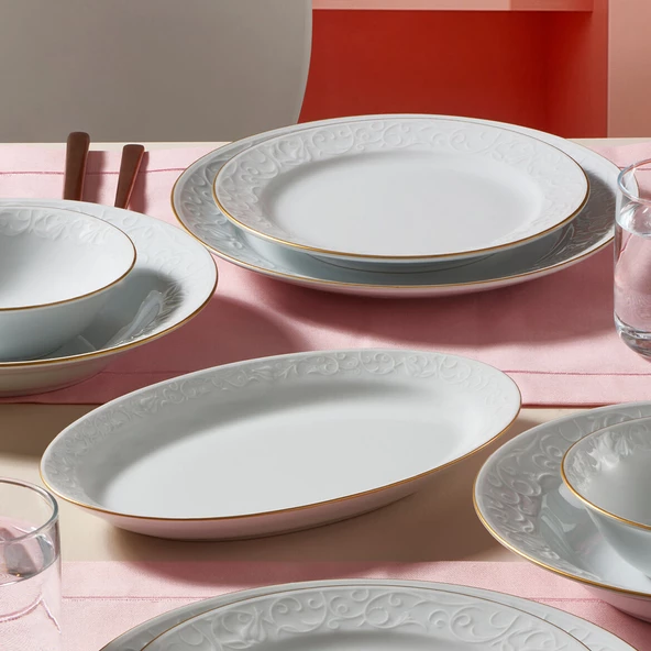 GÜRAL PORSELEN Bahar Dalı 25 Cm Kayık Tabak Mat Altın Yaldız