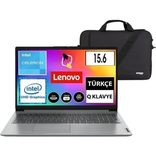 Lenovo Ideapad Intel Celeron N4020 4gb 128GB SSD W11 15.6  Taşınabilir Bilgisayar 82V700A8TX Snertech Çanta Hediye