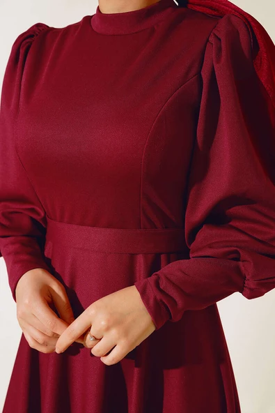 Balon Kol Omuz Pileli Elbise Bordo - Resim 4