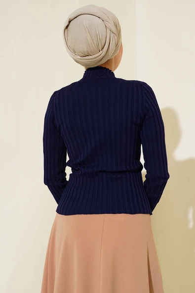 Fitilli Esnek Triko Kazak Lacivert - Resim 3