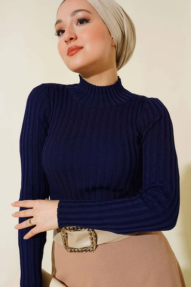 Fitilli Esnek Triko Kazak Lacivert ürün görseli 1