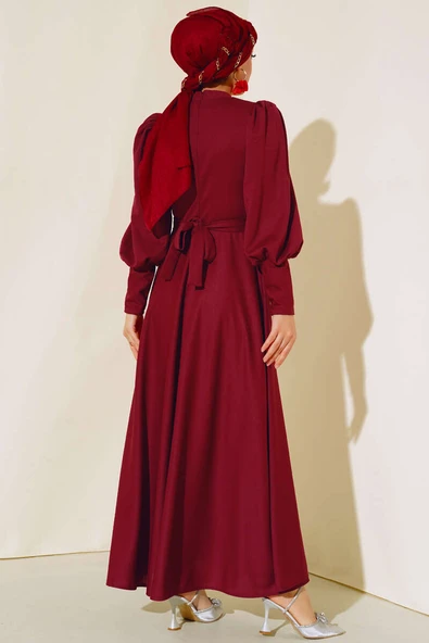 Balon Kol Omuz Pileli Elbise Bordo - Resim 3