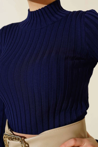 Fitilli Esnek Triko Kazak Lacivert - Resim 4