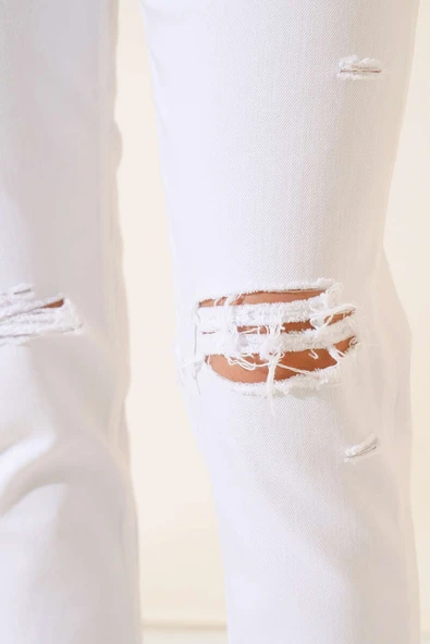 Dar Paça Yırtık Pantolon Beyaz - Resim 4