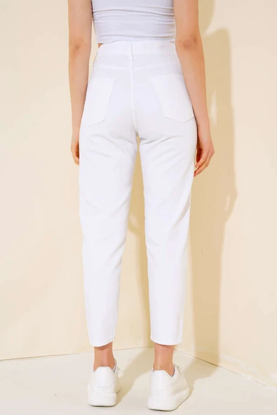 Dar Paça Yırtık Pantolon Beyaz - Resim 3