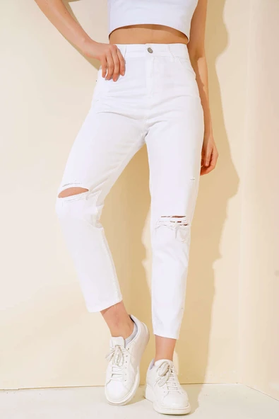 Dar Paça Yırtık Pantolon Beyaz ürün görseli 1