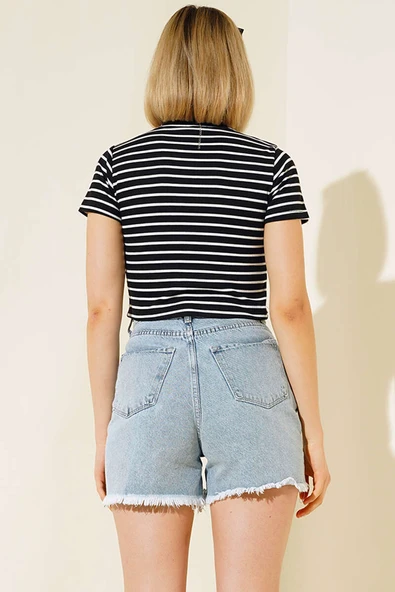 Çizgili Kısa Kol Crop Siyah - Resim 3