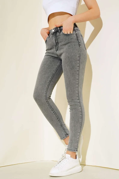 Yüksek Bel Dar Paça Kot Pantolon Kar Orta - Resim 2