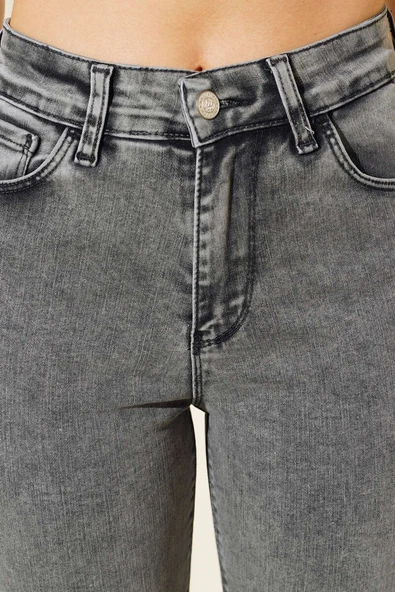 Yüksek Bel Dar Paça Kot Pantolon Kar Orta - Resim 4