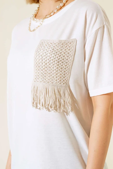 Hasır Cep Detaylı T-shirt Ekru - Resim 4