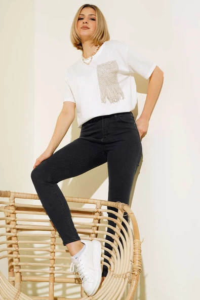 Hasır Cep Detaylı T-shirt Ekru - 2