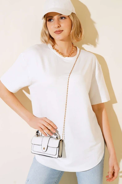 Oval Kesim T-shirt Ekru - Resim 2