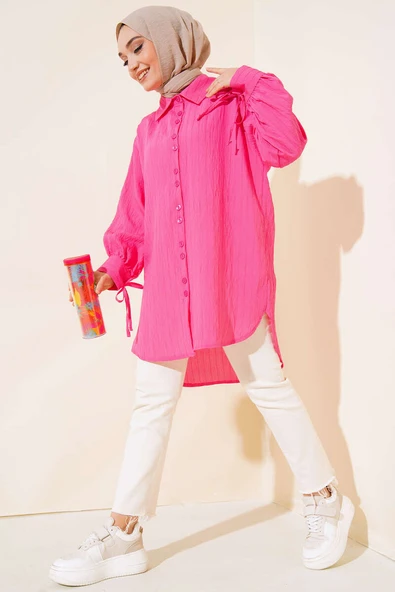Manşet Bağcıklı Tunik Fuşya - Resim 2