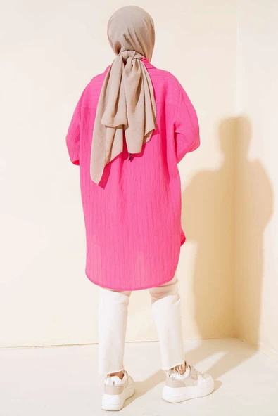 Manşet Bağcıklı Tunik Fuşya - Resim 3