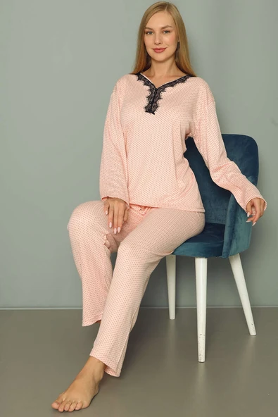 Puantiyeli Kadın Pijama Takımı Somon - Resim 2