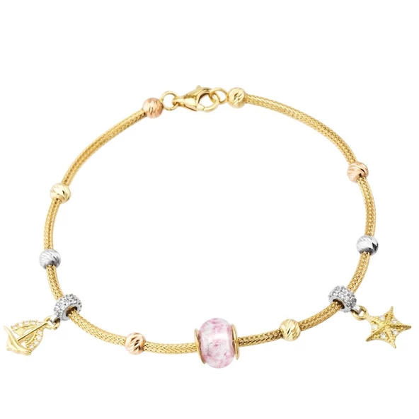 Charm Altın Bileklik Pembe 14K Gold Dorikalı