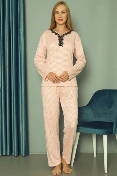 Puantiyeli Kadın Pijama Takımı Somon