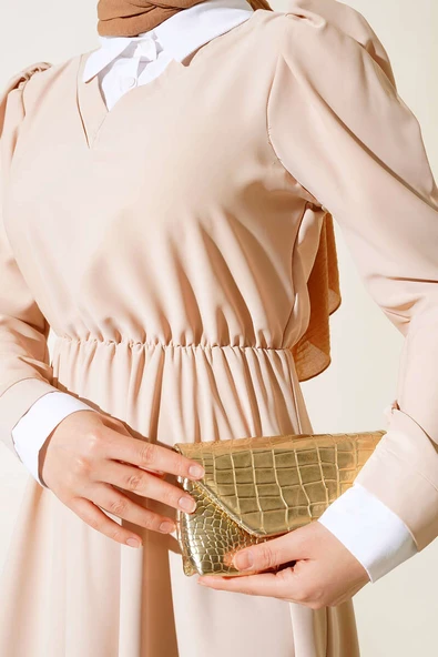 Gömlek Yakalı Elbise Bej - Resim 4