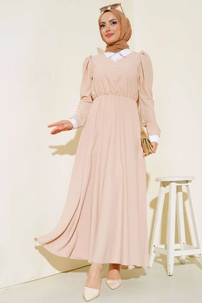 Gömlek Yakalı Elbise Bej ürün görseli 1