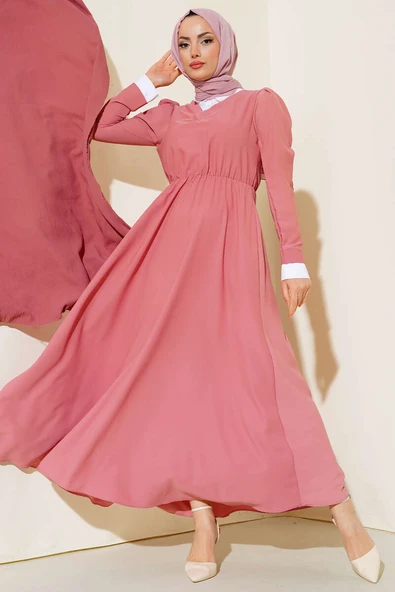 Gömlek Yakalı Elbise Gül Kurusu ürün görseli 1