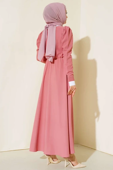 Gömlek Yakalı Elbise Gül Kurusu - Resim 3