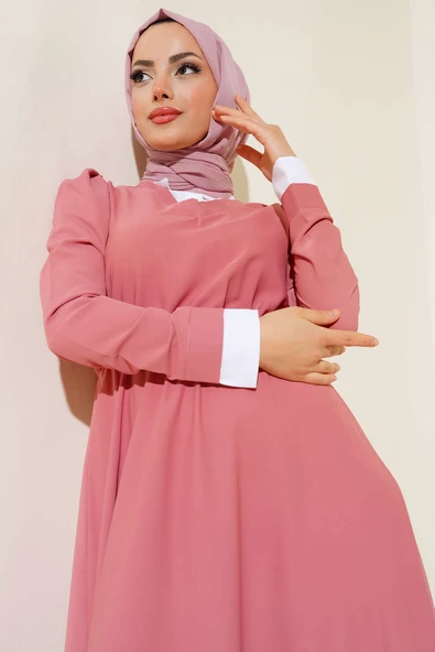 Gömlek Yakalı Elbise Gül Kurusu - Resim 2