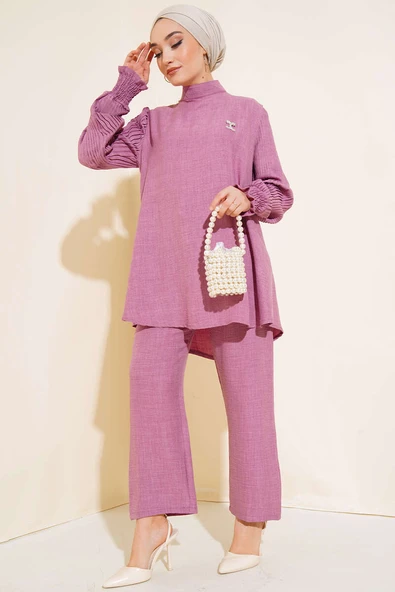 Kolları Piliseli Keten İkili Takım Magenta