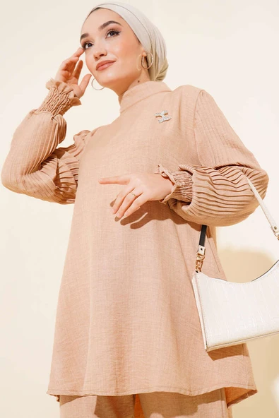 Kolları Piliseli Keten İkili Takım Latte - Resim 2