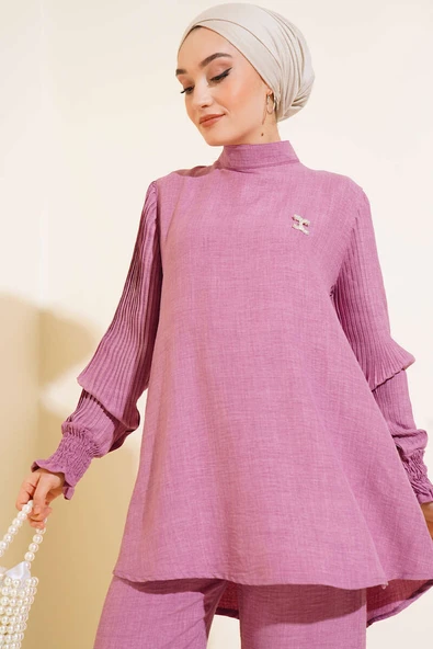 Kolları Piliseli Keten İkili Takım Magenta - 2