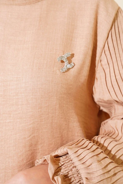 Kolları Piliseli Keten İkili Takım Latte - Resim 4