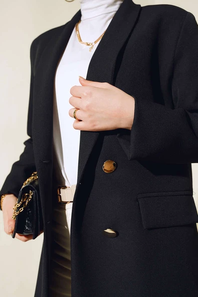 Astarı Leoparlı Kruvaze Ceket Siyah - Resim 4