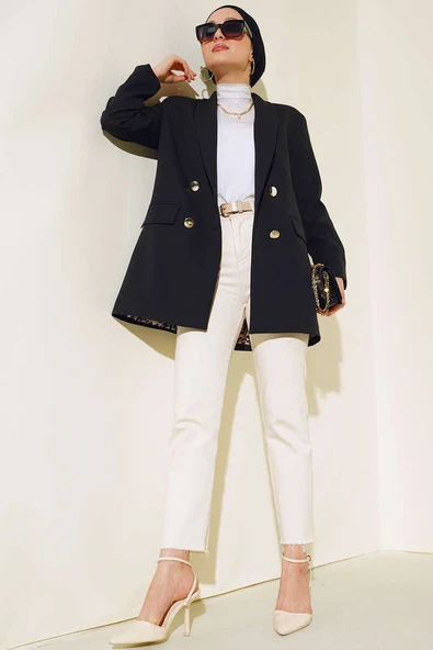 Astarı Leoparlı Kruvaze Ceket Siyah - Resim 2