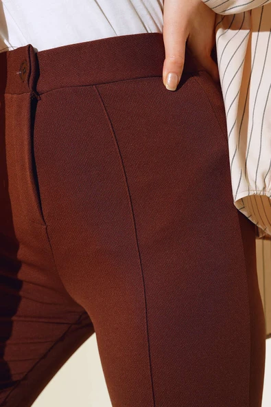 Beli Düğmeli Fermuarlı Çımalı Pantolon Kahve - Resim 4