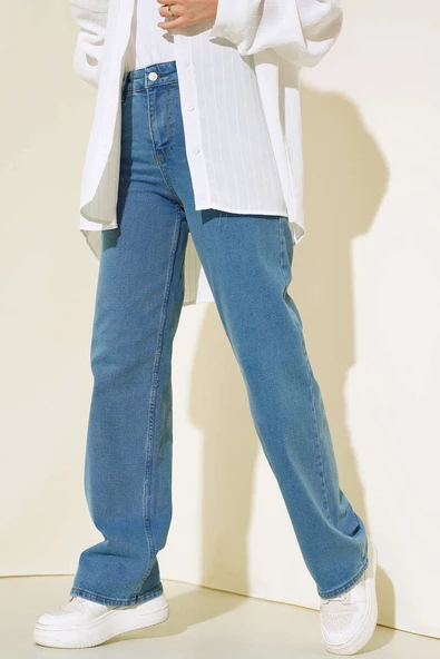 Yüksek Bel Palazzo Kot Pantolon Açık Mavi ürün görseli 1