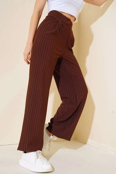 Çizgili Krep Salaş Pantolon Kahve ürün görseli
